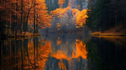 Autumnal forest scene reflecting on calm lake water with orange and green tones © Background