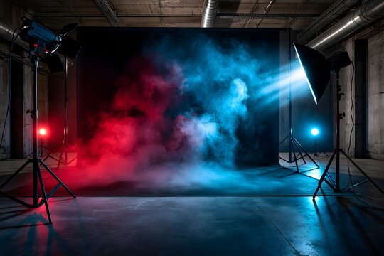 Professionelles Fotostudio mit farbigem Nebel und Lichttechnik f&uuml;r kreative Produktionen