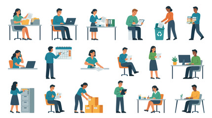 Fototapeta premium Professional Business Office Workers Performing Daily Tasks Flat Vector Illustration Set
