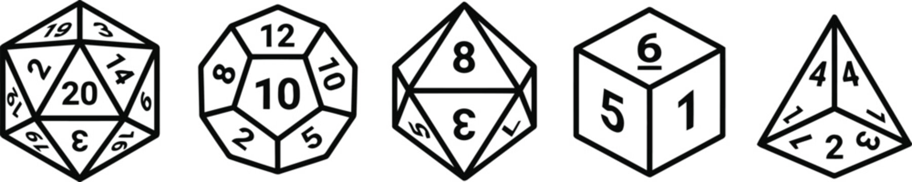 A collection of black and white polyhedral dice icons for tabletop gaming and roleplay.
