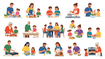 Fototapeta premium Family Cooking and Healthy Eating Flat Vector Illustration. Parents, Kids, Grandparents Preparing Meals.