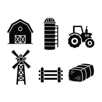 Black Farm Icons Set on White Background - Agriculture Symbols