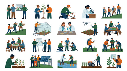 Fototapeta premium Sustainable Agriculture, Agri-Tech Environmental Science: Flat Vector Illustrations of Farming, Research Innovation