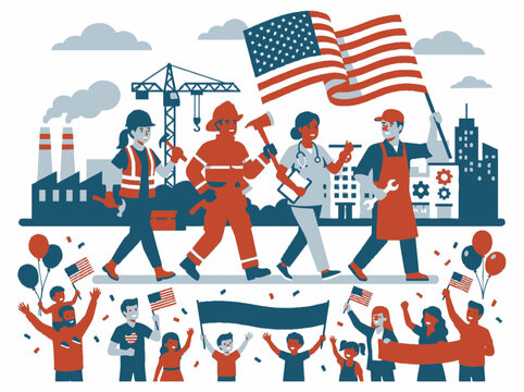 Labor day parade featuring diverse workers and cheering crowds