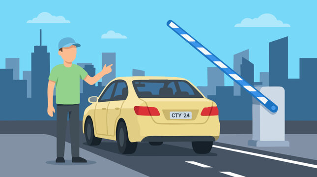 Man with car at automatic barrier gate in urban setting illustration