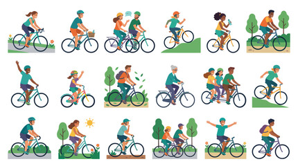 Obraz premium Flat Vector Illustration of Cyclists and People Riding Bicycles for Outdoor Recreation and Healthy Lifestyle
