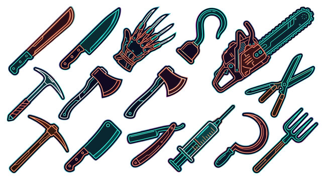 Set of Horror Movie Weapons and Scary Tools Icons for Halloween Party Decorations and Graphic Design Elements on White Background