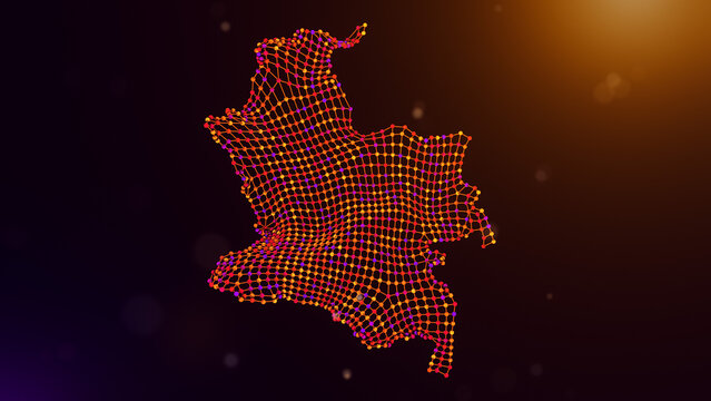 Abstract Colombia map formed by interconnected nodes and wave mesh lines with glowing purple orange bokeh lights, representing digital infrastructure and advanced technology networks.