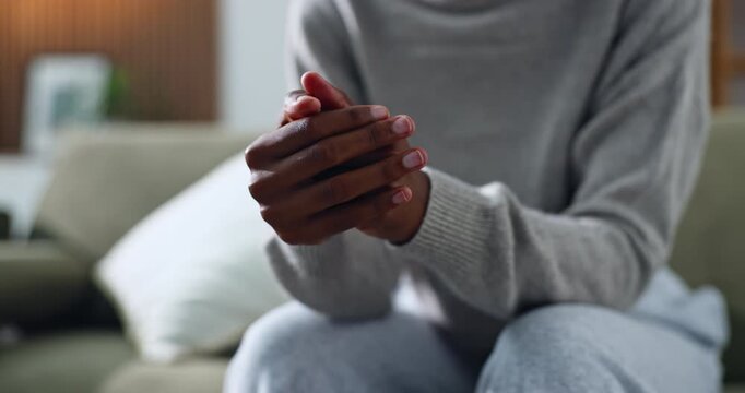 Hands, nervous and person with stress for counseling, anticipation or habit for coping mechanism. Patient, fidget or anxiety on sofa with stimming, trauma response and self control for emotional ptsd