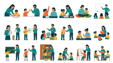 Fototapeta premium Flat Vector Illustration Set of Diverse Teachers and Students Engaged in Various Education and Learning Activities