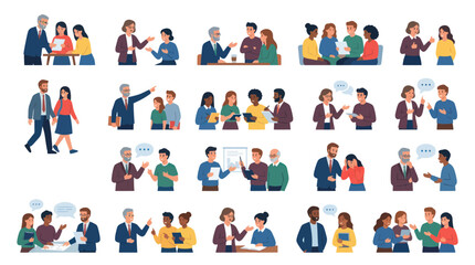 Fototapeta premium Diverse professionals collaborating and discussing in various business meeting scenarios, flat vector art.