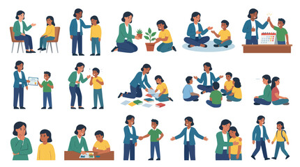 Fototapeta premium Flat illustration set of teachers and students in education and childcare settings, showing learning and positive interaction.