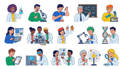 Fototapeta premium Diverse scientists in flat illustration style, conducting experiments and research