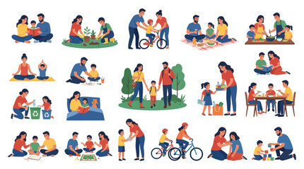 Fototapeta premium Diverse Families Enjoying Activities Together: Reading, Gardening, Cycling, Picnic, Cooking, Yoga
