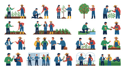 Fototapeta premium Diverse Farmers and Gardeners in Flat Design Style, Agriculture and Farming Concept