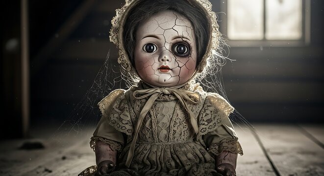 A creepy antique doll with a cracked face and worn dress sits on a dirty wooden floor