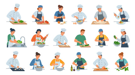 Fototapeta premium Diverse Chefs and Home Cooks Engaged in Food Preparation Tasks - Flat Vector Collection