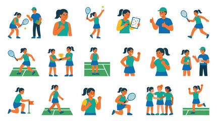 Fototapeta premium Flat Vector Illustrations of Tennis Players, Coach, and Sports Activities for Girls
