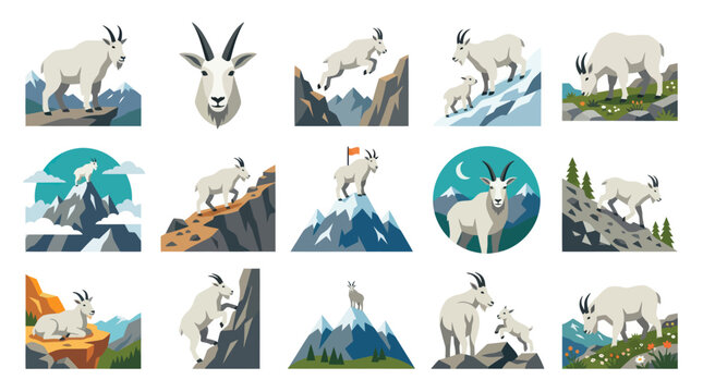 Mountain Goats Climbing Rocks in Flat Vector Art Style for Wildlife Adventure