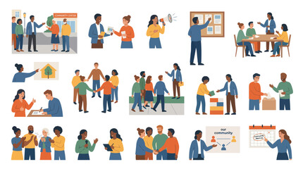 Fototapeta premium Diverse Community People Engaged in Community Activities Flat Illustration