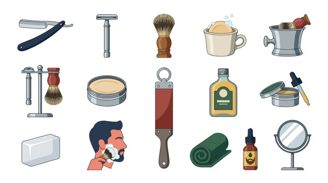 Flat Design Vector Icons Set of Wet Shaving and Grooming Accessories