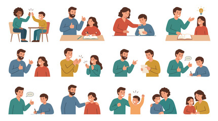 Fototapeta premium Flat Illustration: Adults and Children Learning, Supporting, and Interacting in Education Parenting