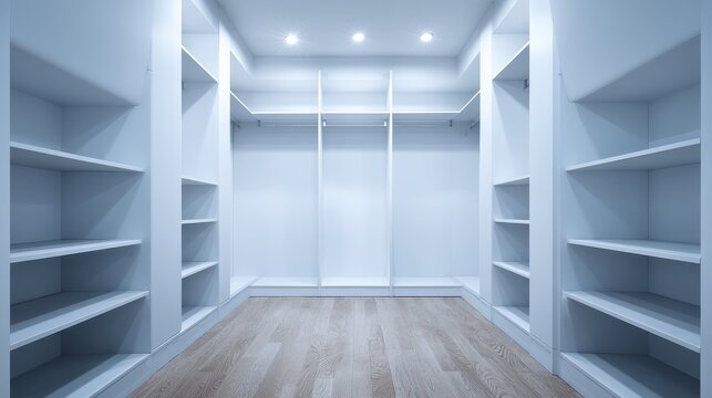 Modern Empty Walk-in Closet with Clean Shelves and Wooden Flooring