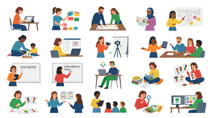 Fototapeta premium E-learning and Education Concepts Flat Vector Illustrations with Diverse Educators and Learners