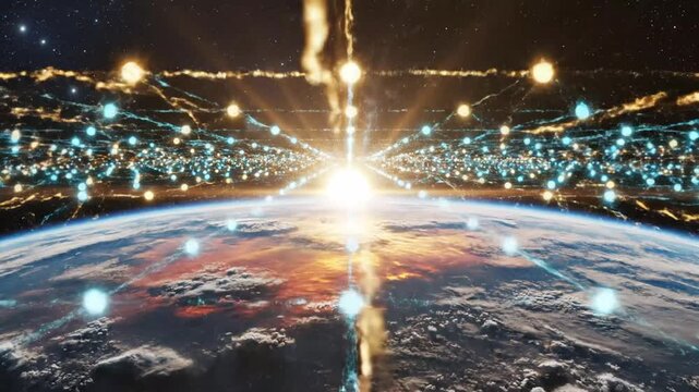 Digital network nodes glowing over Earth horizon in space