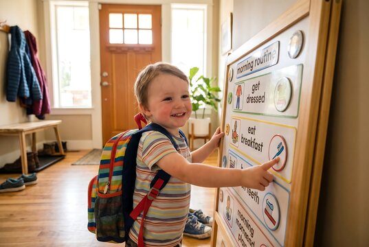 School ready child checking visual routine board before leaving home