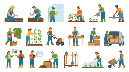 Fototapeta premium Farming and Gardening Icons: Flat Style Illustrations of Agricultural Activities