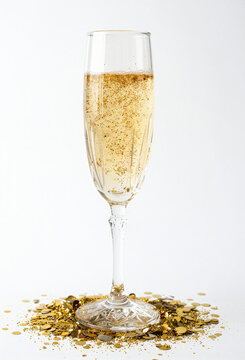 Sektglas mit goldenem Glitzer auf wei&szlig;em Hintergrund