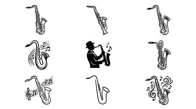 Saxophone Music Icons Set - Jazz Instrument Illustrations