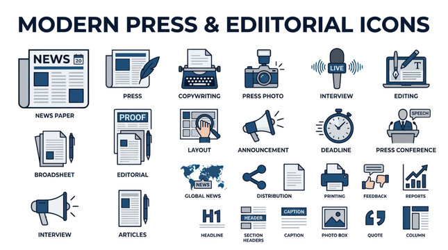 Modern Press and Editorial Icons Set: News, Copywriting, Interview, Editing, Layout