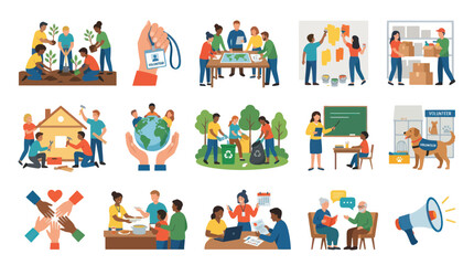 Fototapeta premium Volunteering and Community Service Flat Design Illustrations for Charity, Social Help, and Teamwork Activities