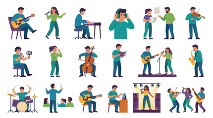 Fototapeta premium Flat Design Vector Illustration: Musicians Playing Instruments, Singing, Conducting, and Enjoying Music