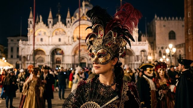A woman wearing an ornate venetian carnival mask and costume with feathers, standing in st. marks square at night during the venice carnival