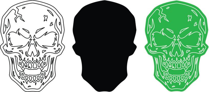 Aggressive skull vector set, 3 stylized human skull icons in black and green, gothic cranium illustrations for streetwear and gaming logos isolated PNG with Transparent Background