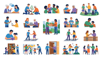Fototapeta premium Flat Vector Illustration of Community and Social Services: People Volunteering, Helping, and Supporting Each Other