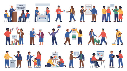 Fototapeta premium Civic Engagement Flat Illustration Set: People Voting, Volunteering, Community Meetings, Political Participation