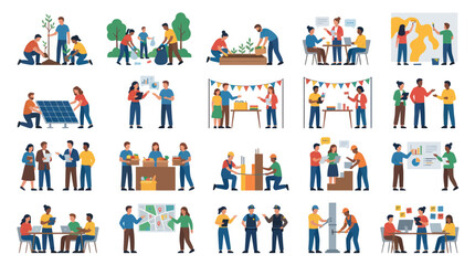Fototapeta premium Flat Illustration of People Working Together in Various Eco-Friendly and Business Settings