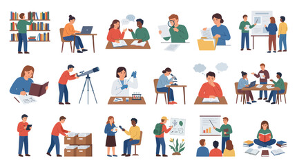 Fototapeta premium Flat Vector Illustration Set: Diverse People Engaged in Education, Science Learning Activities