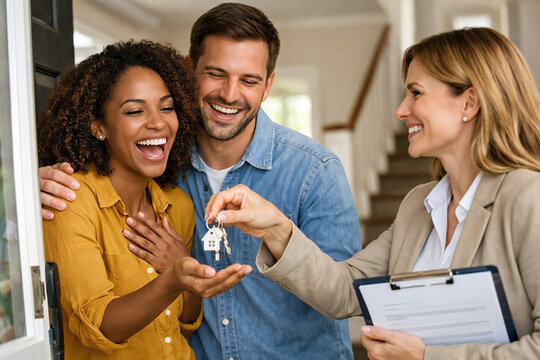 Happy young diverse couple receiving keys to their new home from a female real estate agent