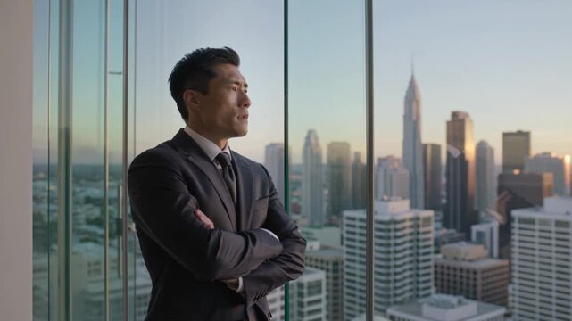 businessman in elegant dark business suit standing in modern high-rise office interior positioned three-quarter angle to camera looking out through floor-to-ceiling glass windows at impressive city 