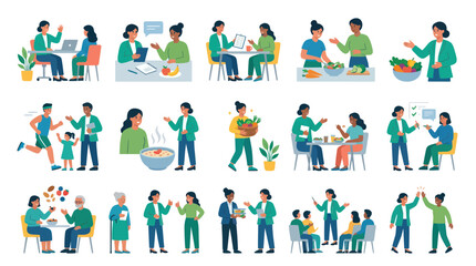 Fototapeta premium Flat Vector Health Coaching and Nutrition Consultation Illustrations with People and Wellness Concepts