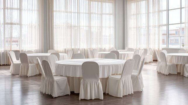 Bright Minimalist Vacant Banquet Hall Ready for Event with White Decor
