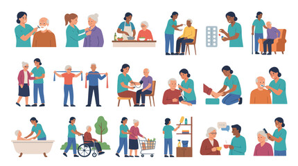 Fototapeta premium Flat Vector Illustrations of Elderly Care and Senior Home Assistance Services