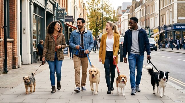 Four diverse friends walking their dogs together on a sidewalk in a city street lined with shops and cafes on a bright afternoon day
