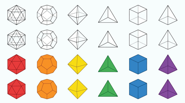 Set of platonic solids shown in wireframe and solid three dimensional styles for education.