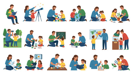 Fototapeta premium Flat Style Vector Illustration: Family Learning and Science Education Activities